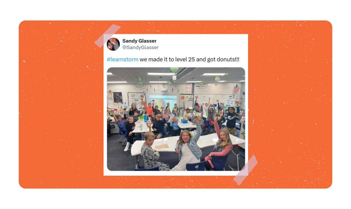  Social post from teacher, Sandy Glasser, showing her class making it to level 25 and getting donuts as a reward.