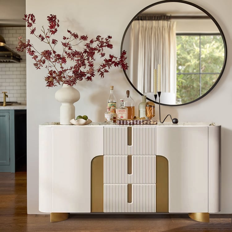 Artis Modern White 59"W Sintered Stone Sideboard 3 Drawers Kitchen Buffet Table