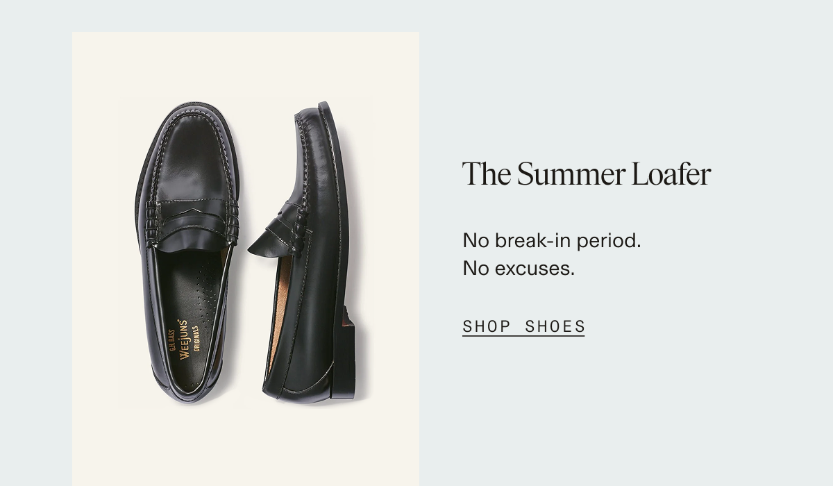 Overhead view of a pair of black leather penny loafers with GH Bass Weejuns Originals branding on the insole, shown from top and side angles on a cream background. The Summer Loafer. No break-in period. No excuses. SHOP SHOES