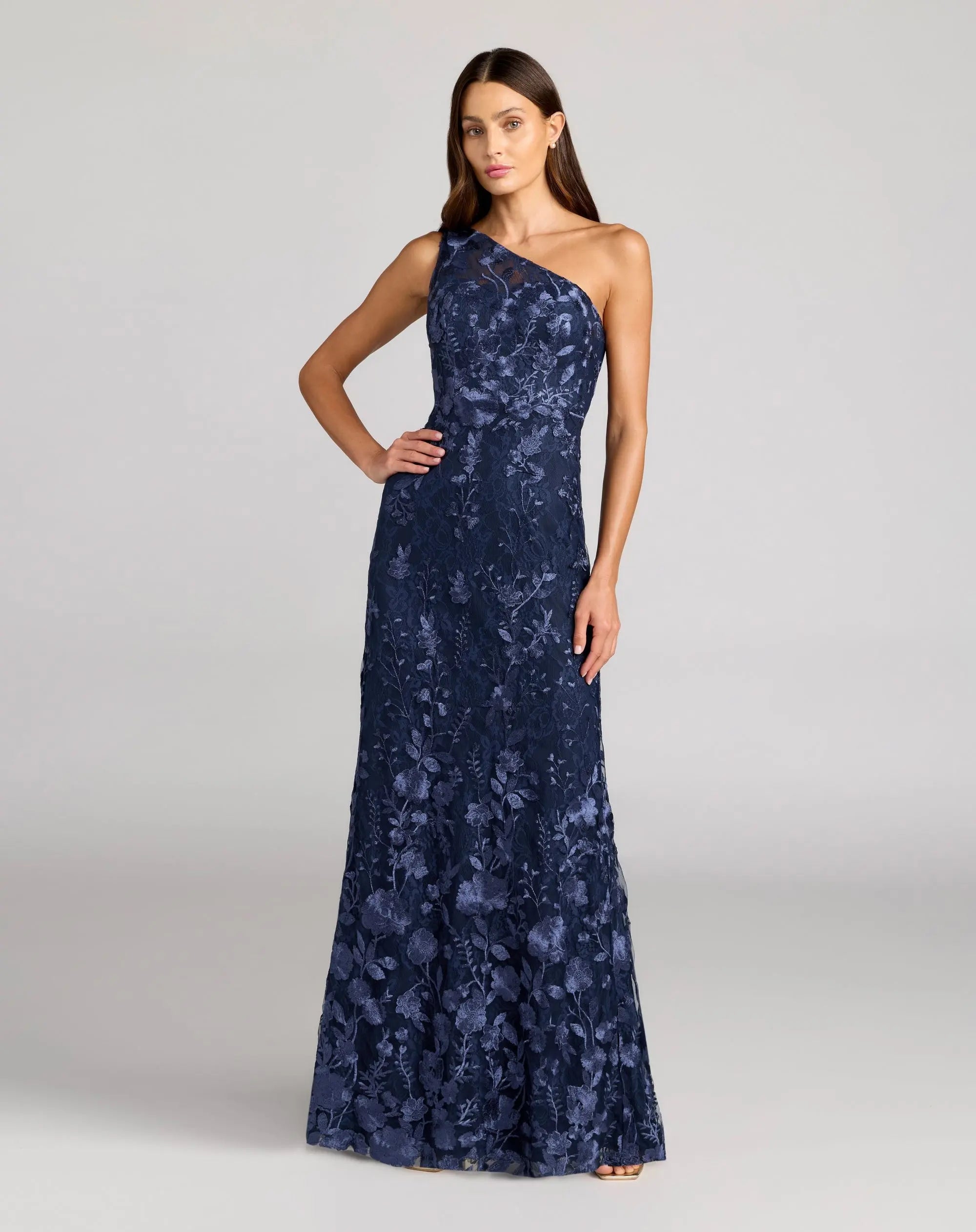 Image of Navy One Shoulder Floral Embroidered Gown