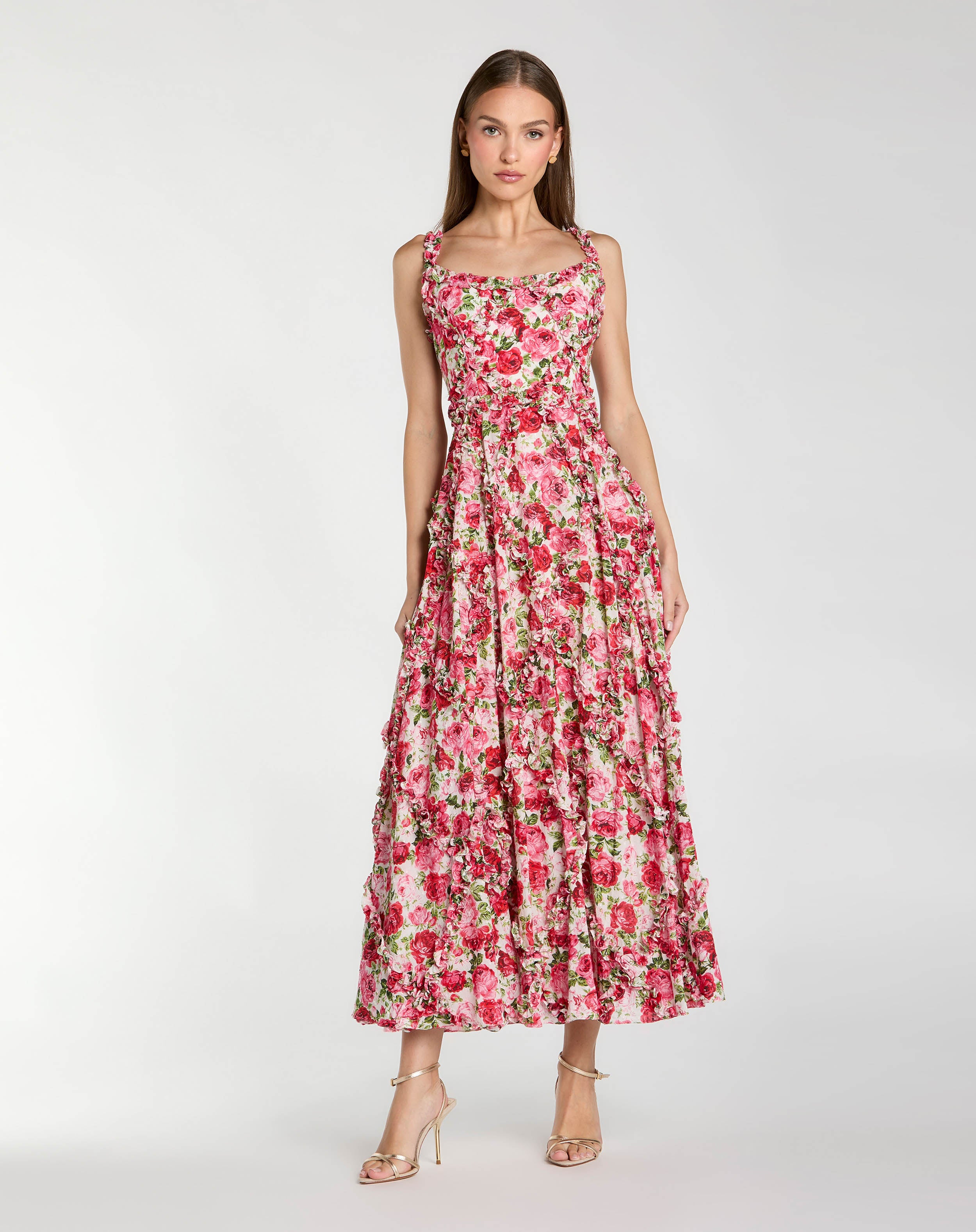 Image of Petite Pink Ruffle Scoop Neck Floral A-Line Dress