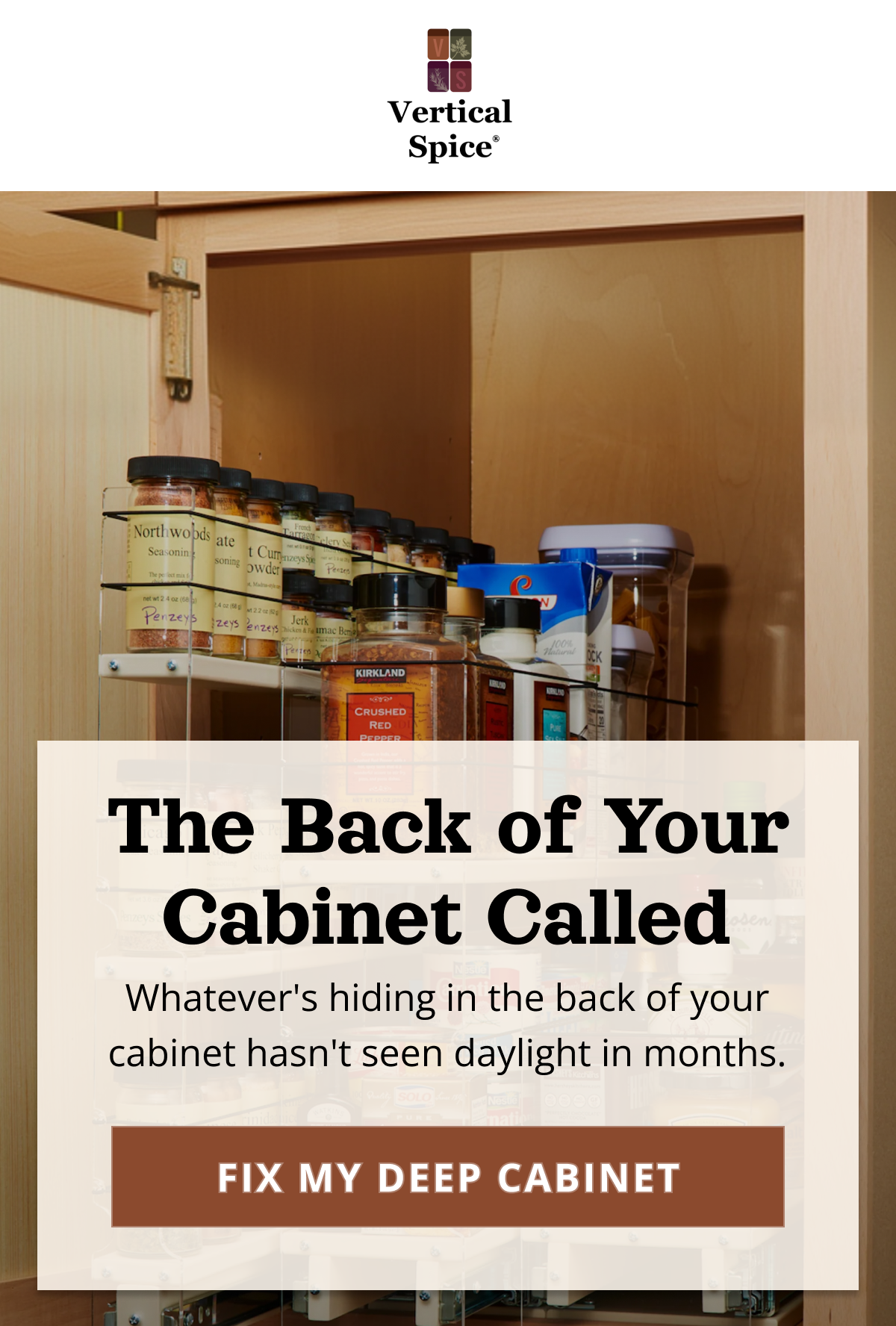 Open kitchen cabinet with spice jars stored on a pull-out organizer under the headline “The Back of Your Cabinet Called” and a CTA button “Fix My Deep Cabinet”.