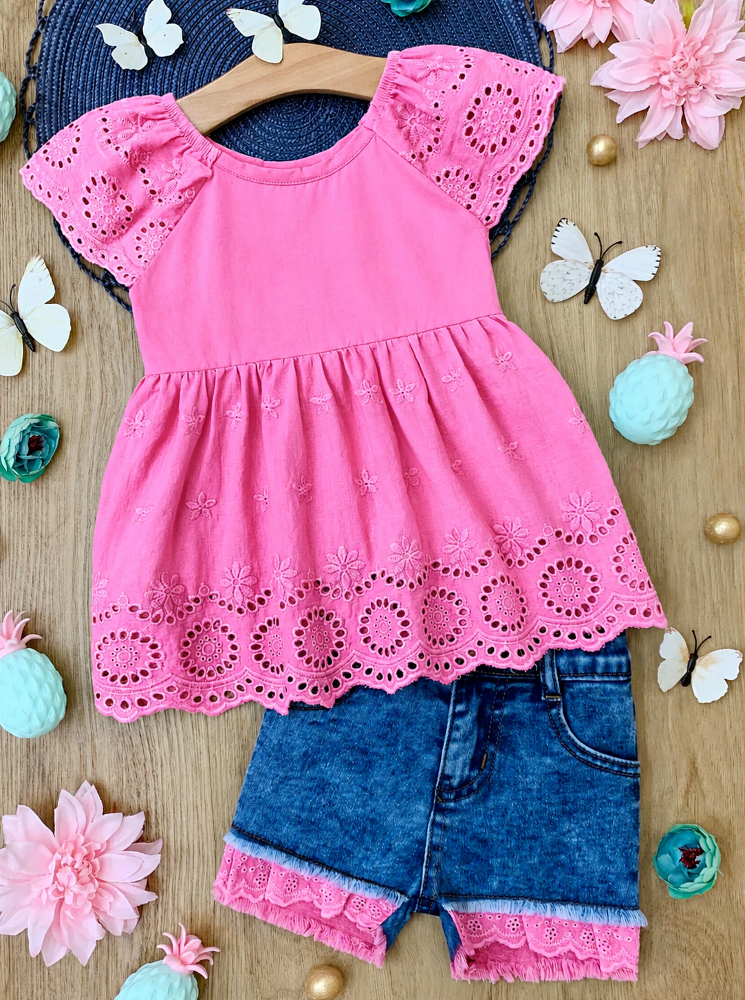 Image of Sweet Pink Eyelet Top and Denim Short Set