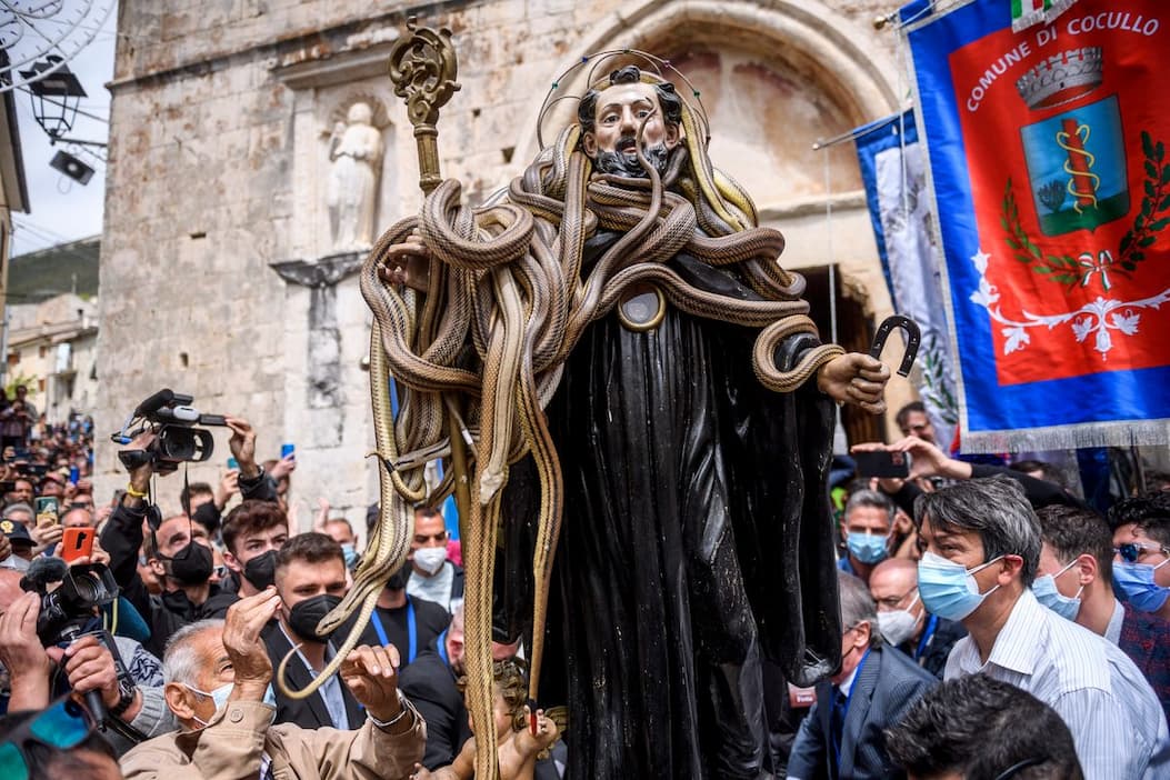 San Domenico Abate statue covered in snakes