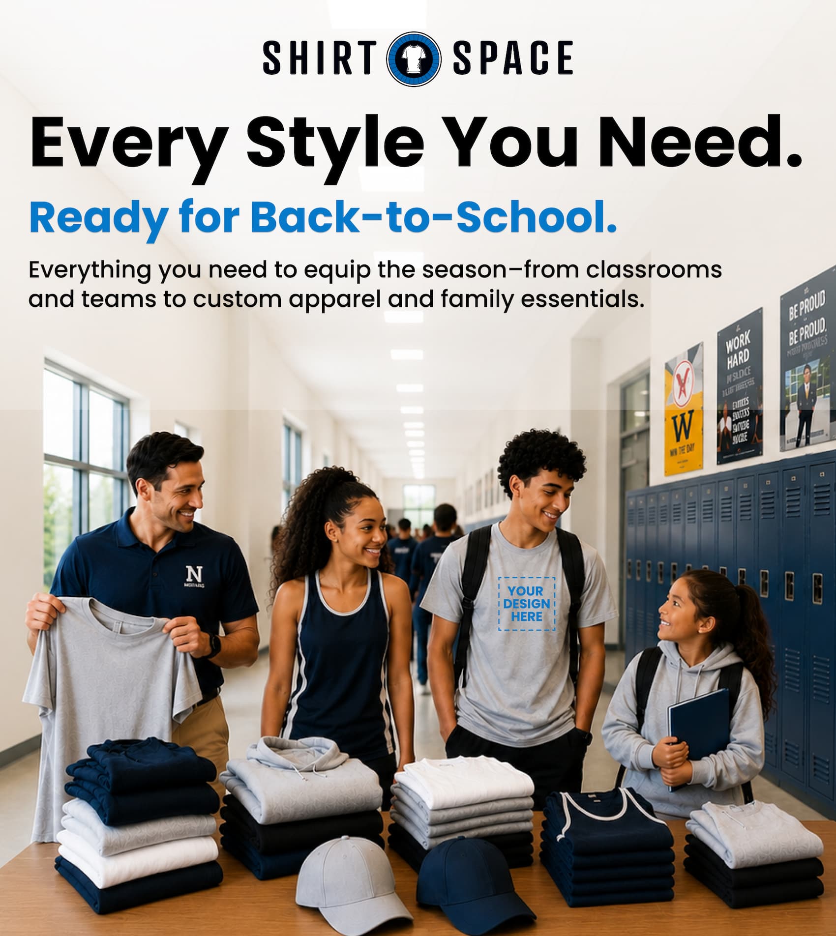 School team preparing apparel in the hallway