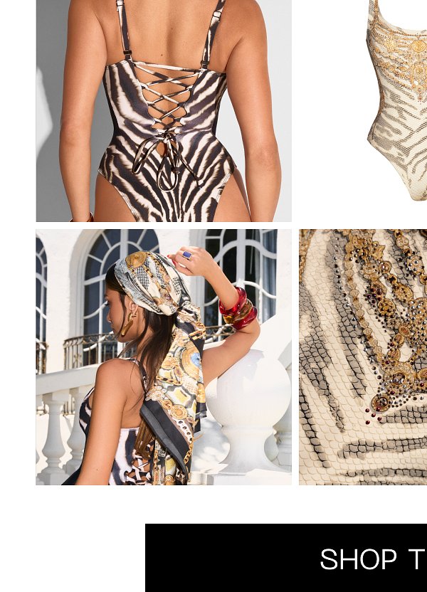 A stylish one-piece swimsuit with a zebra print and lace-up back, paired with a patterned scarf.