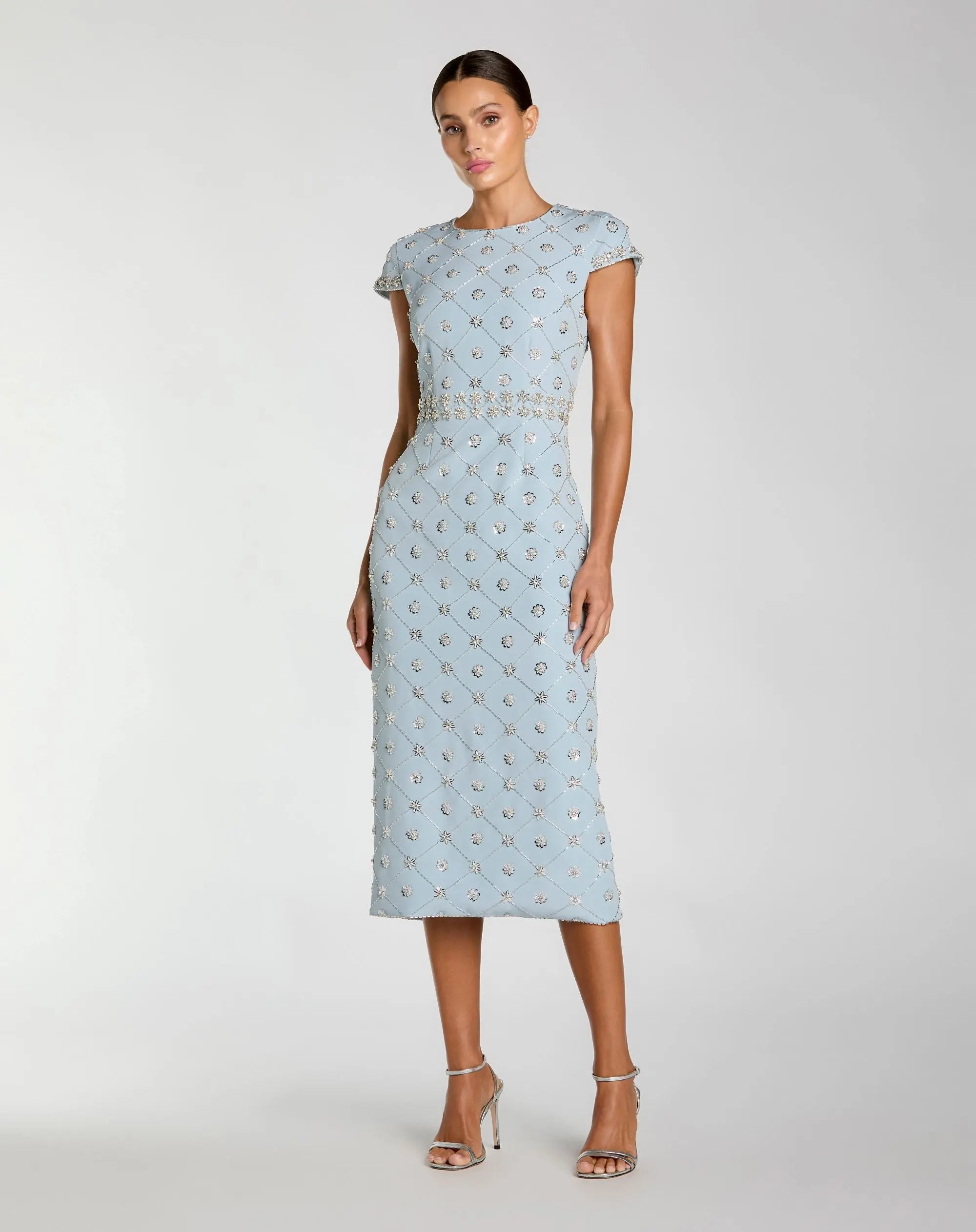 Image of Blue Hand Embellished High Neck Midi Dress