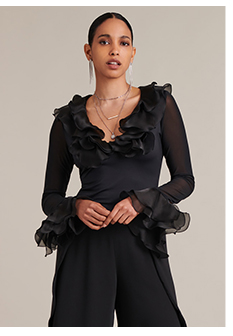 Black Fitted Body Pullover Shirt With Sheer Sleeves & Double Silk Neckline Ruffle