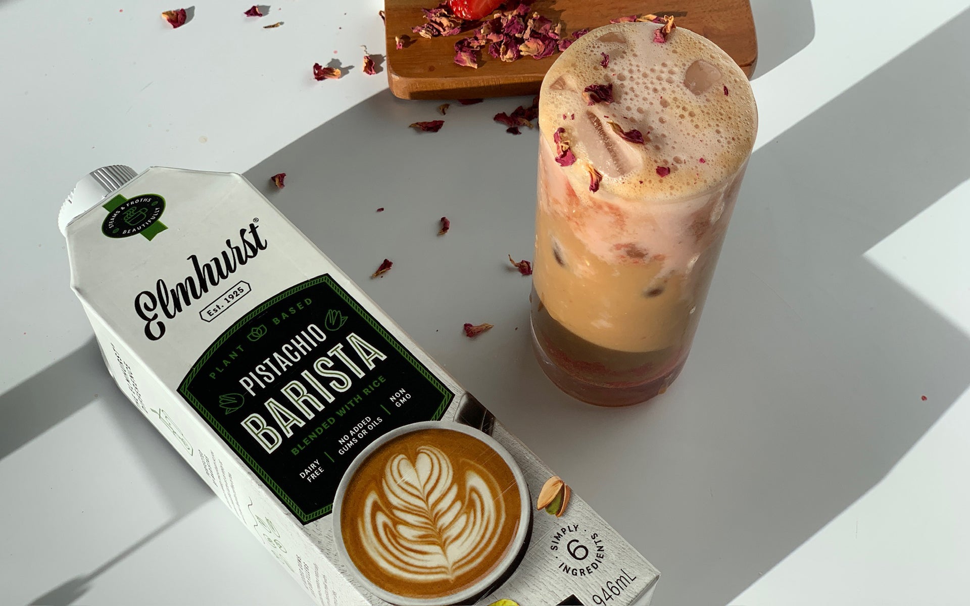 Iced Strawberry Rose Latte with Barista Edition Pistachio Milk