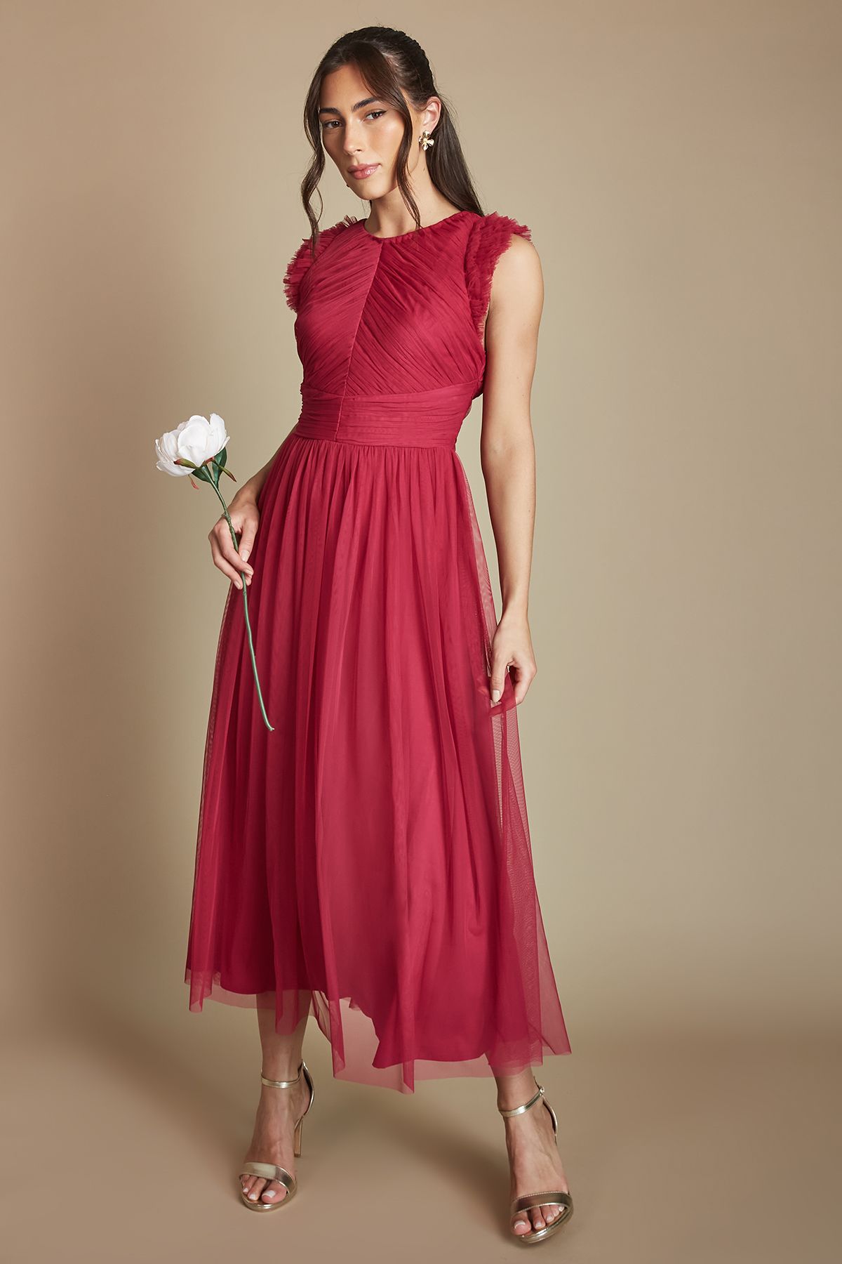 Cold Shoulder Mesh Bridesmaid Maxi Dress