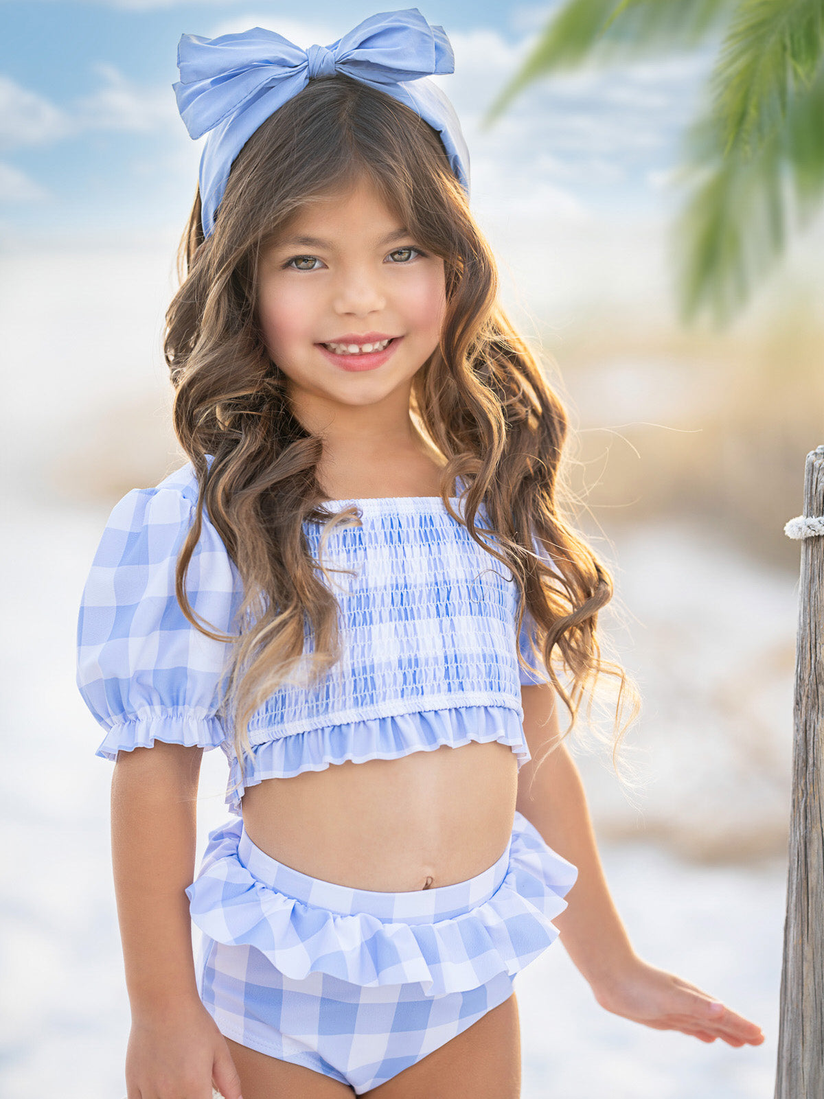 Image of Blue Skies Gingham Puff Sleeve Two-Piece Swimsuit