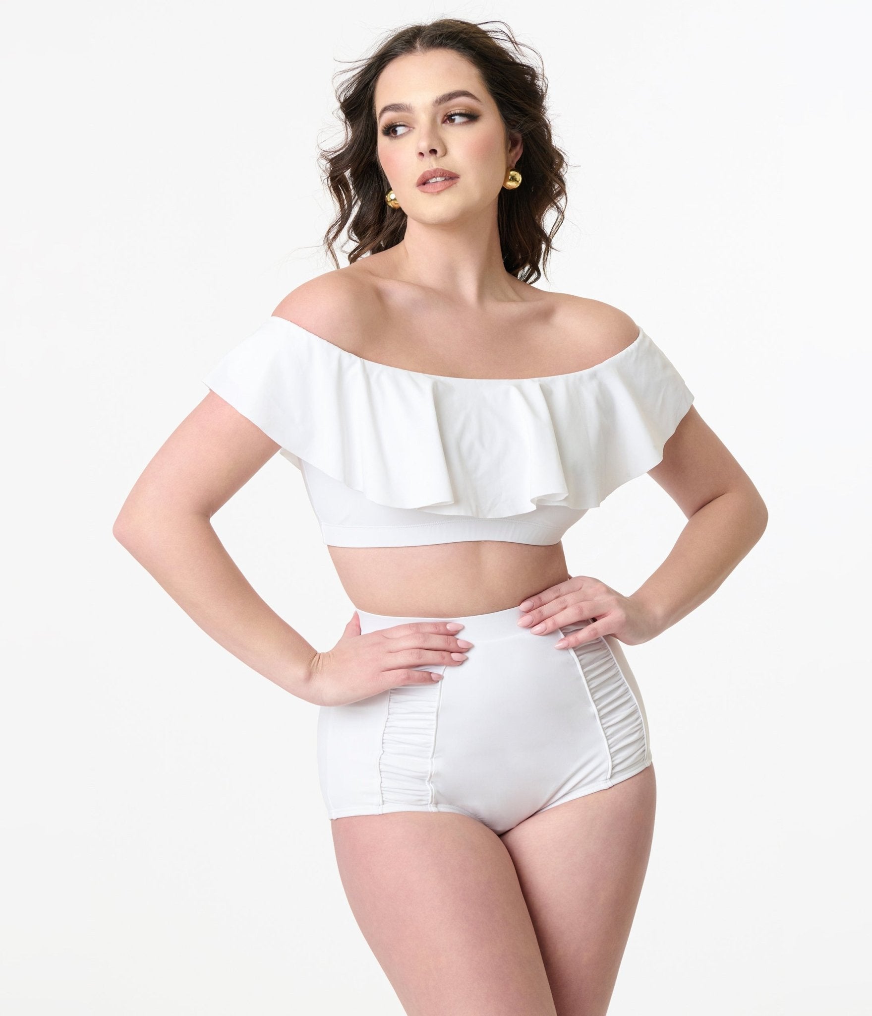 Image of Unique Vintage 1950s White Ruffled Ramona Swim Top
