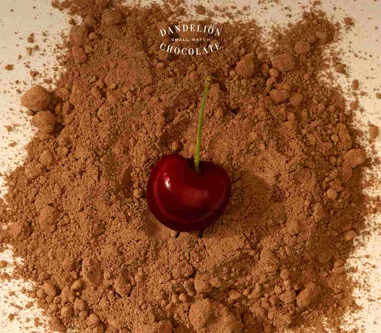 A cherry sits on a pile of ground chocolate.