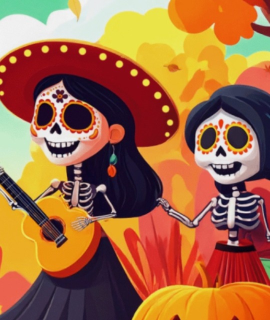 A cartoon image of two day of the dead skelatons against an autumnal background.