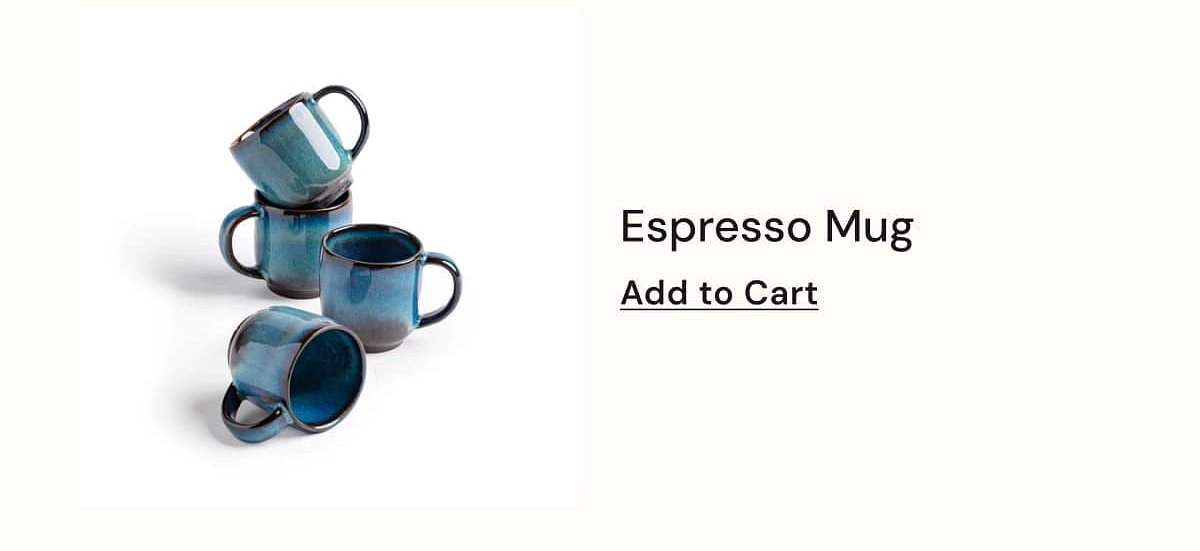 Four blue espresso mugs stacked together with a button for adding to cart.