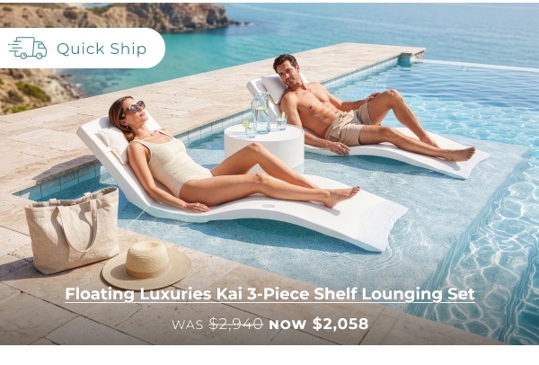 Couple relaxing on in-water pool chairs. Link Text: Quick Ship Floating Luxuries Kai 3-Piece Shelf Lounging Set WAS $2,940 NOW $2,058