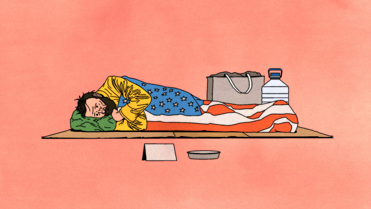 An illustration of a man lying on pieces of cardboard wrapped in a US flag with a bag and large waterbottle beside and a bowl in front.