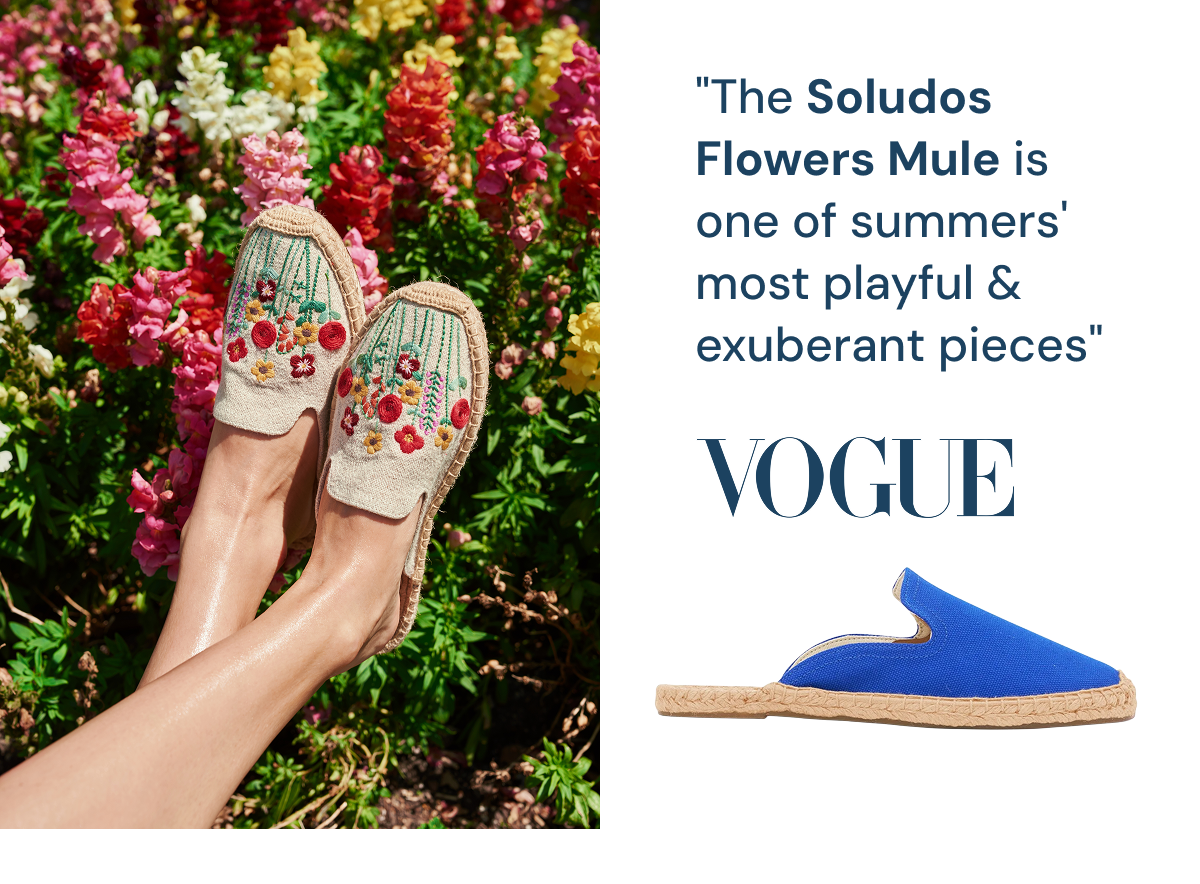 "The Soludos Flowers Mule is one of summers' most playful & exuberant pieces" VOGUE