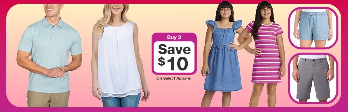 Buy 3 save $10 on select apparel