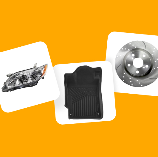 Images show a headlight, floor mat, and a brake rotor in three separate white tiles against a yellow background.