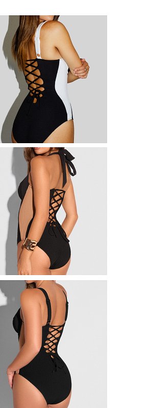 Black and white swimsuit with lace-up back design, shown from different angles.