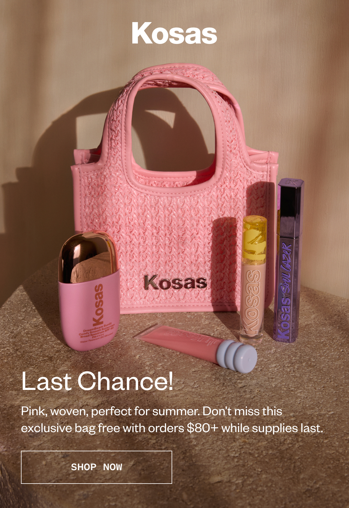Pink, woven, perfect for summer. Don’t miss this exclusive bag free with orders $80+ while supplies last.