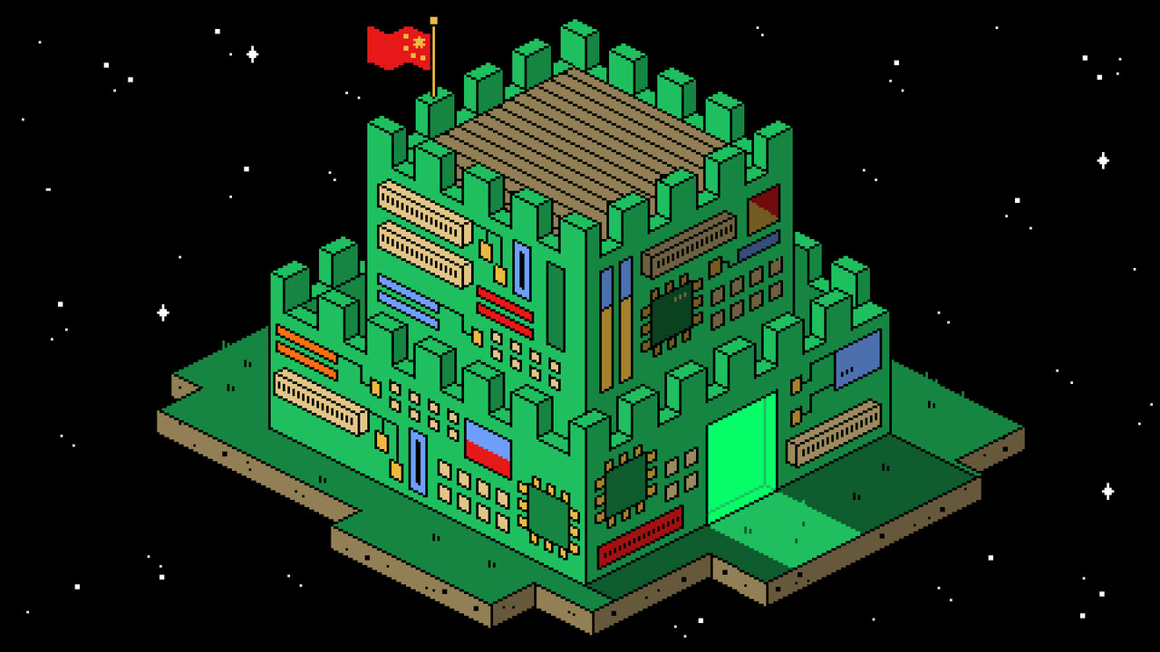 This illustration is a pixel art depiction of a fortified structure resembling a castle made of computer components, such as circuit boards, RAM sticks, ports, and microchips. The castle is floating in space, emphasizing a digital or cybernetic theme. A re