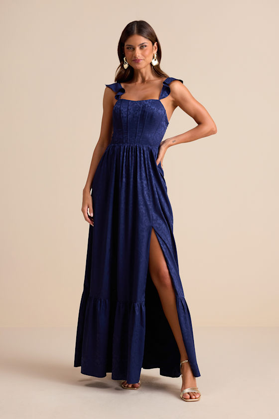 Image of Arlaith Navy Jacquard Lace-Up Corset Maxi Dress