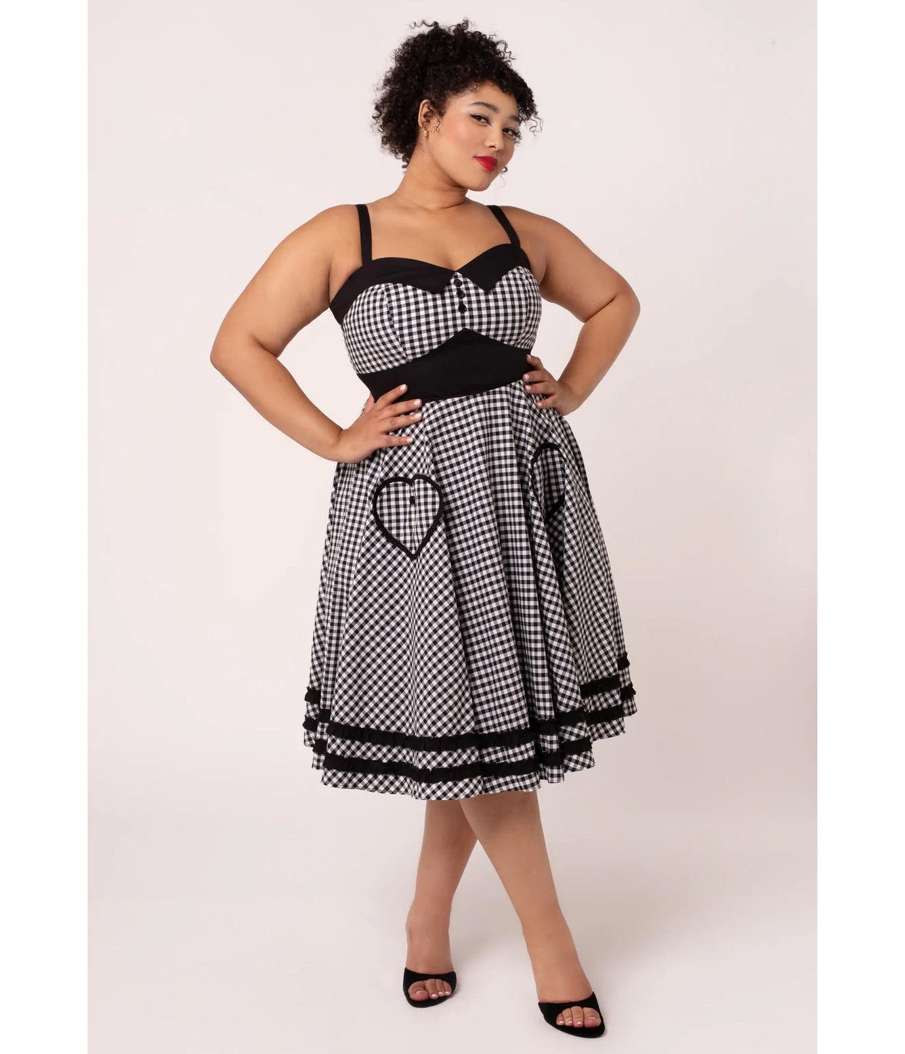 Image of Hell Bunny Plus Size Black Gingham Heart Pocket Swing Dress