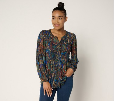 Susan Graver Printed Mesh Split Neck Button Front Top w/Tank