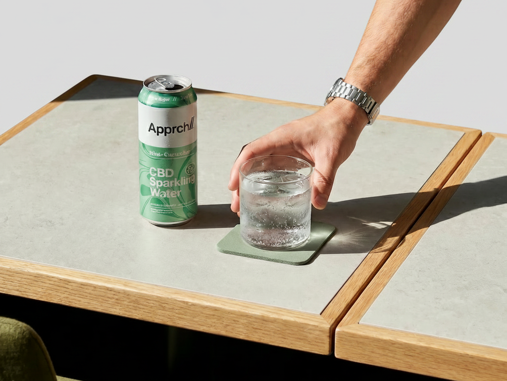 Hand reaches for a glass of CBD sparkling water next to a can on a table.