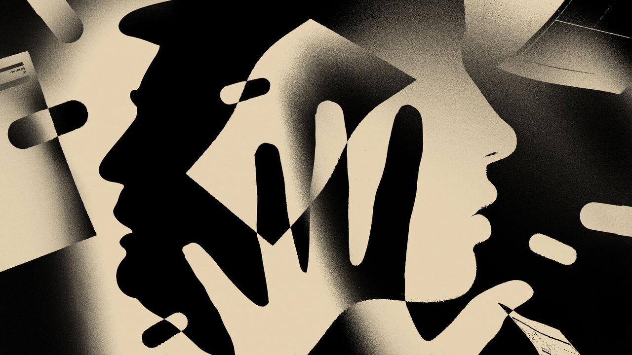 This illustration uses a high-contrast, grainy style to depict overlapping human profiles, hands, and abstract shapes. The faces are shown in silhouette and side profile, layered in a way that suggests themes of identity, perception, or overlapping experie
