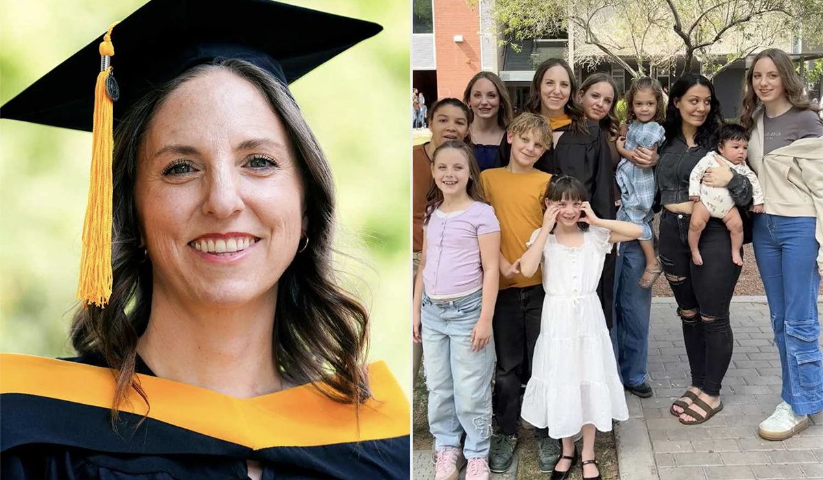 A picture of a female graduate; and, the graduate with nine of her children pose.
