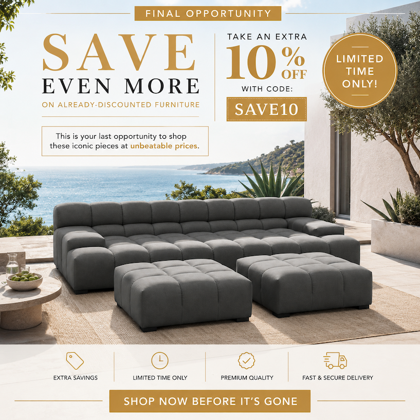 Furniture ad showcasing timeless design chairs with free shipping and fast delivery.
