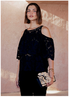Black Sheer Open Lace Blouse With Off The Shoulder Sleeves