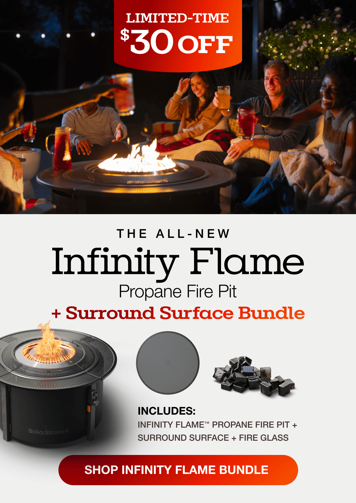 Infinity Flame Propane Fire Pit + Surround Surface Bundle
