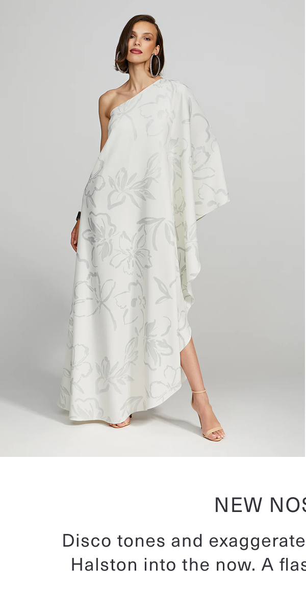 New Nostalgia: Disco tones and exaggerated silhouettes bring vintage Halston into the now. A flash of silver. A flash of skin. Shop Nevean Caftain In Foil Crepe