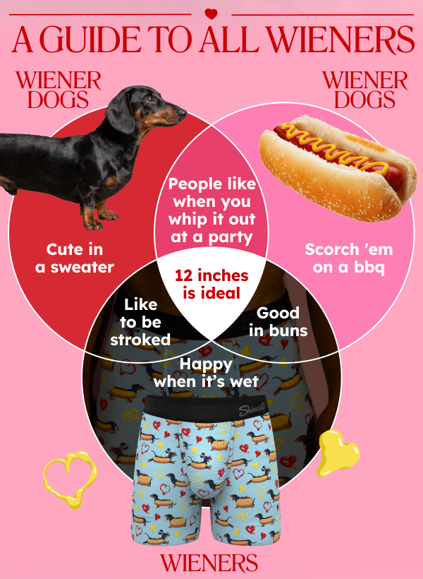 A Guide to All Wieners. Wiener dogs. Wiener dogs. Wieners. Cute in a swerater. People like when you whip it out at a party. Scorch 'em on a bbq. Good in buns. Like to be stroked. Happy when it's wet. 