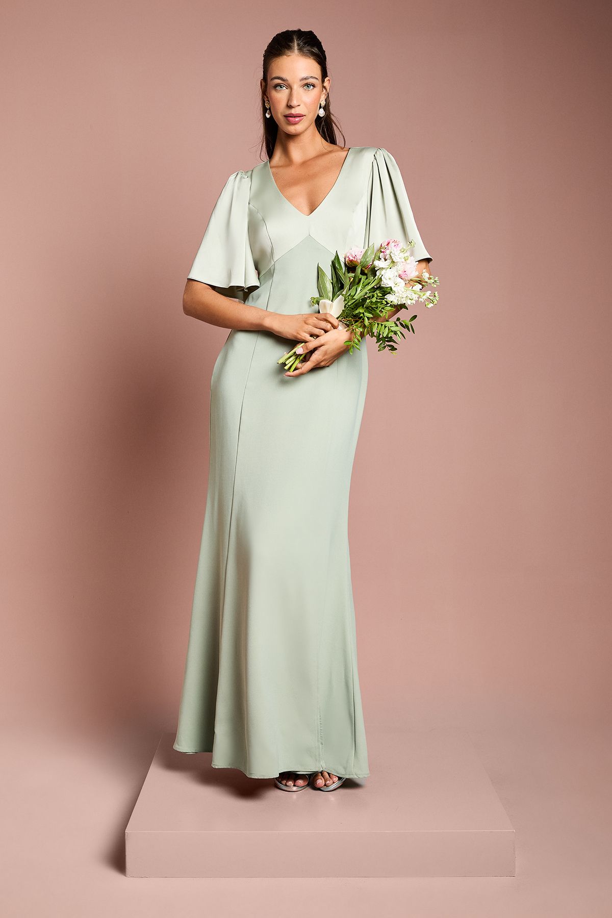 Contrast Satin Angel Sleeve Open Back Bridesmaid Dress