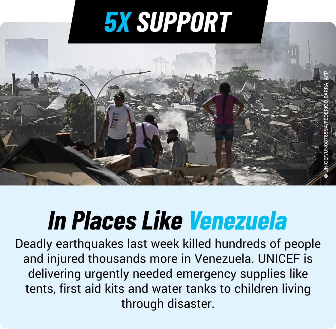 Humanitarian fundraising poster featuring three stories of children affected by conflict and displacement. Select the SEND 5X THE RELIEF CTA button to help and donate