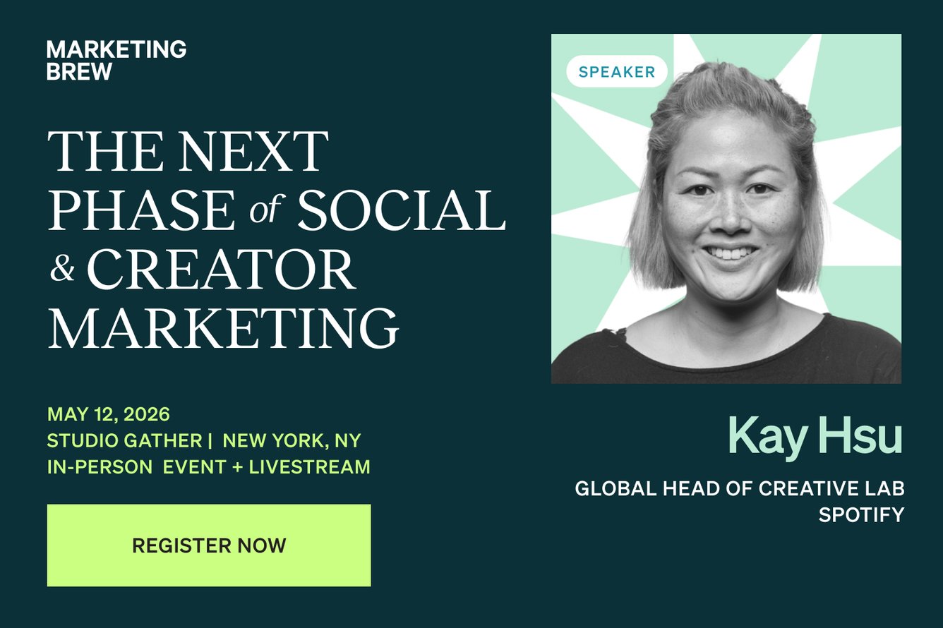 Kay Hsu, Global Head of Creative Lab at Spotify, appears in a promotional image for the Marketing Brew event "The Next Phase of Social & Creator Marketing," taking place on May 12