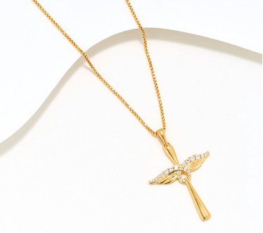 David Markstein Bronze White Topaz Angel Wing 18" Cross Necklace