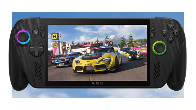 A ROG Xbox Ally displaying in-game art for Forza Horizon 6.