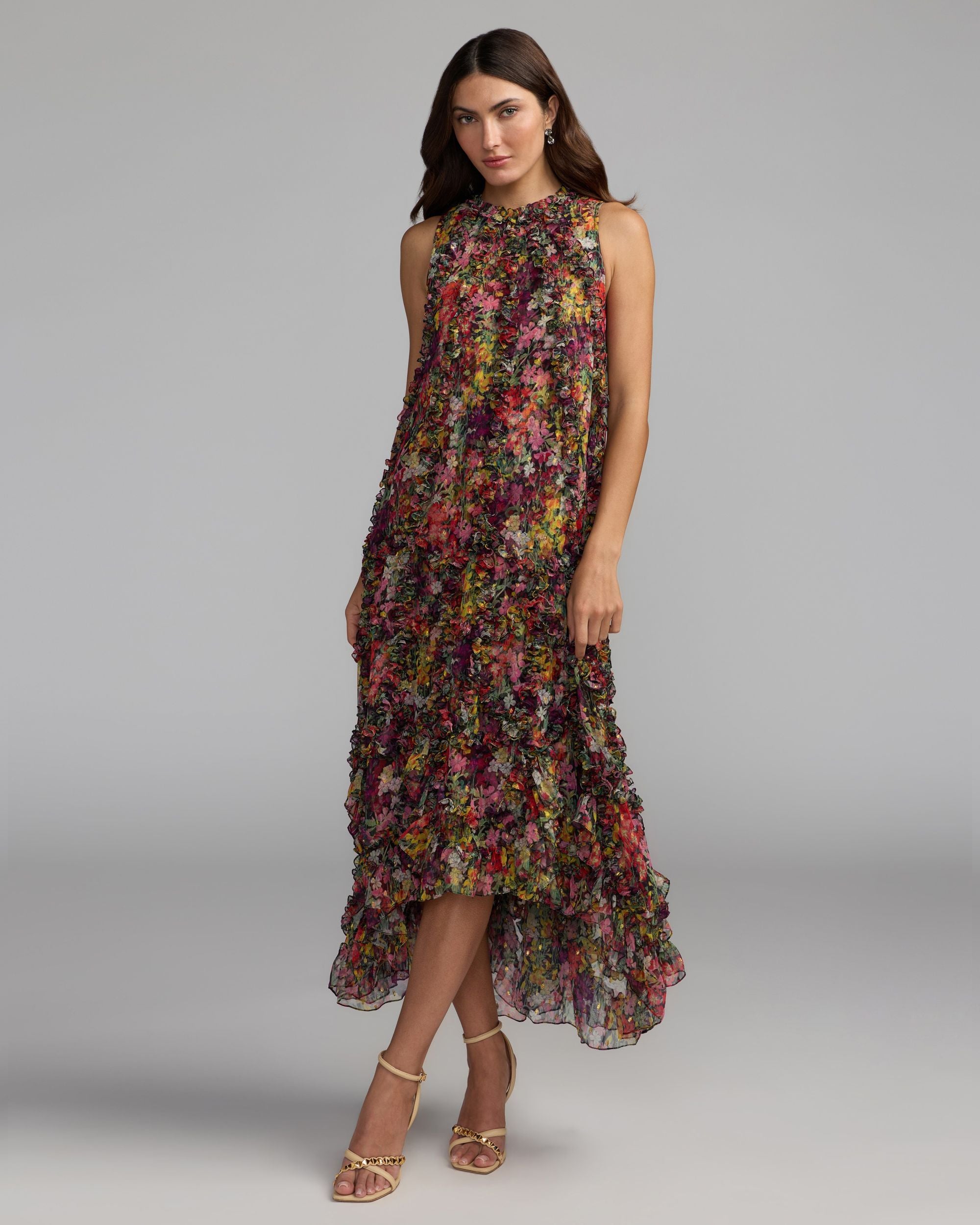 Image of Multicolor Sleeveless Floral Micro Ruffle Trapeze Midi Dress
