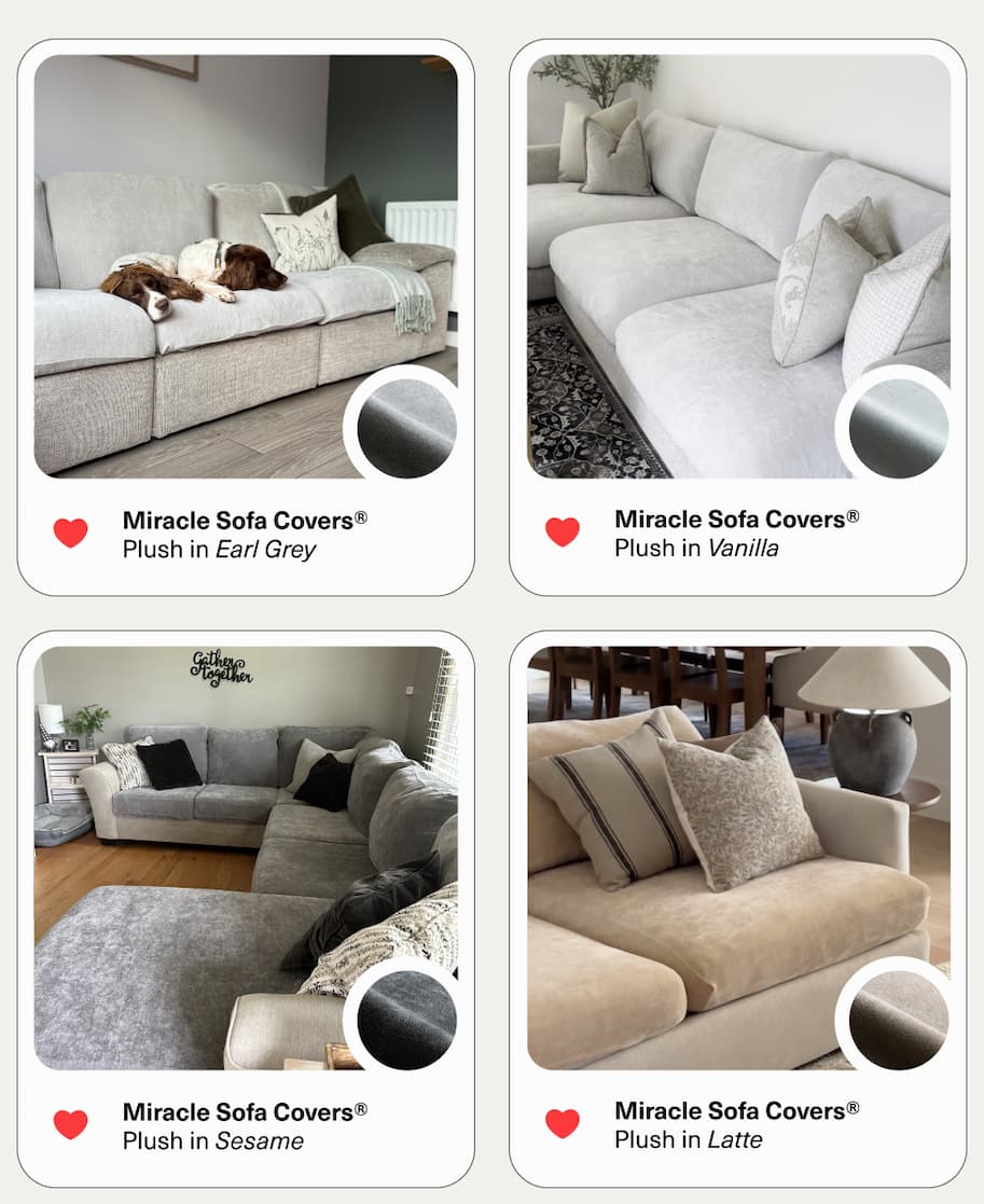 Grid of real customer living rooms with Miracle Sofa Covers