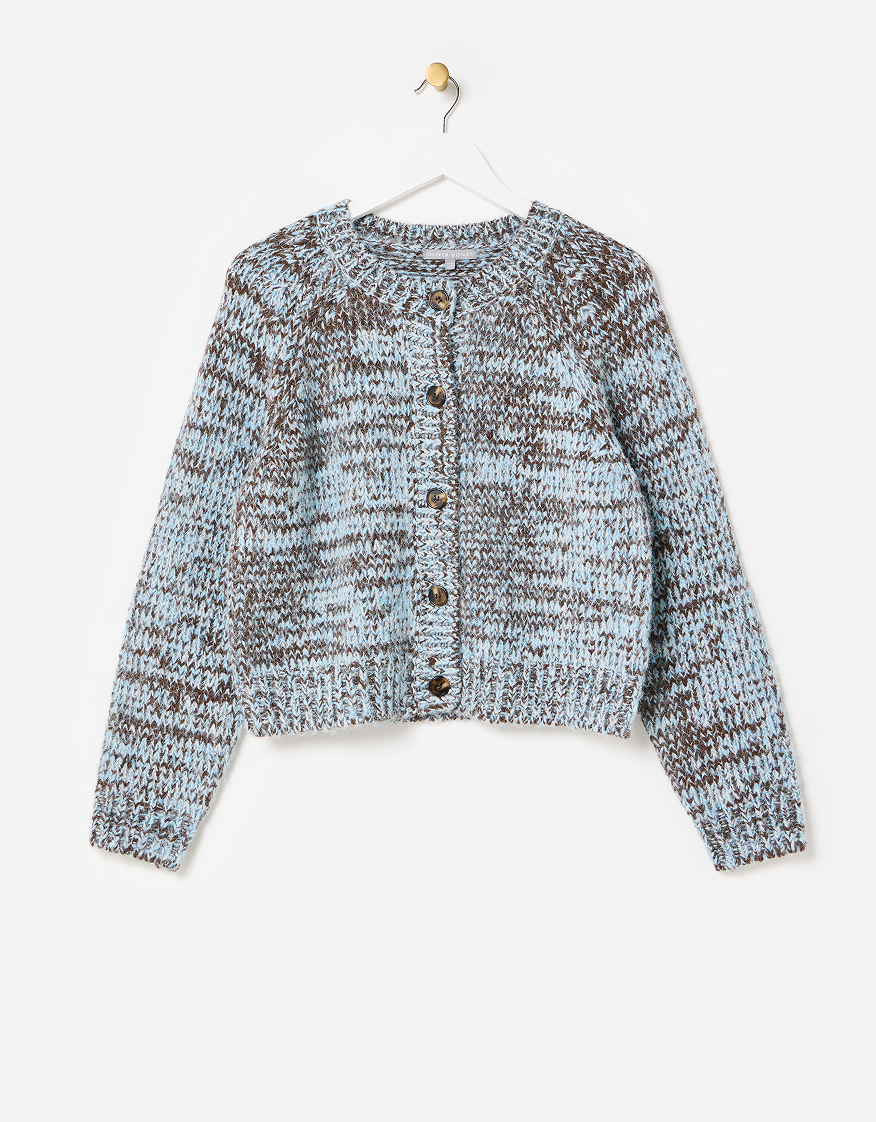 Chocolate Brown & Blue Crew Neck Knitted Cardigan