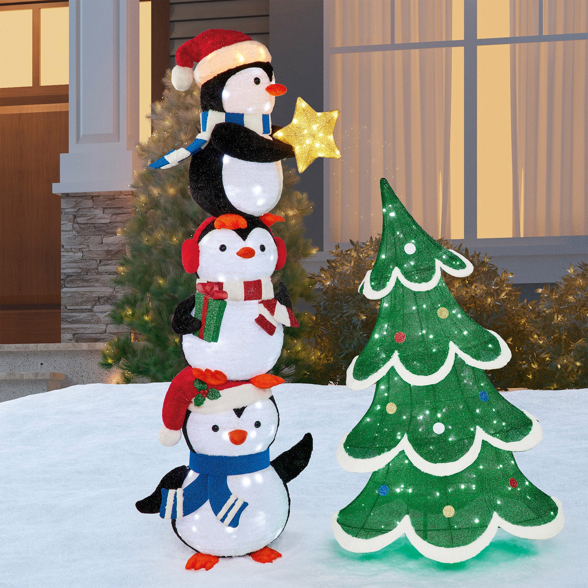 6’ Stacked Penguins with LED Lights