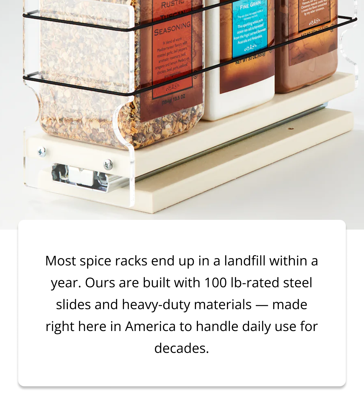 Close-up of a Vertical Spice pull-out spice rack drawer with spice jars stored in metal wire tiers on a sliding base.