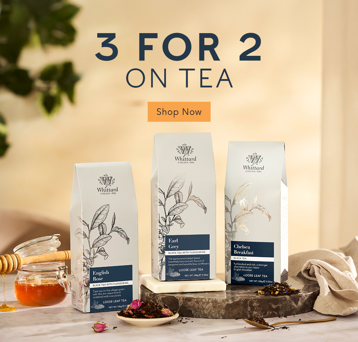 Hero image with '3 for 2 on tea' with loose leaf pouches and a shop now cta 
