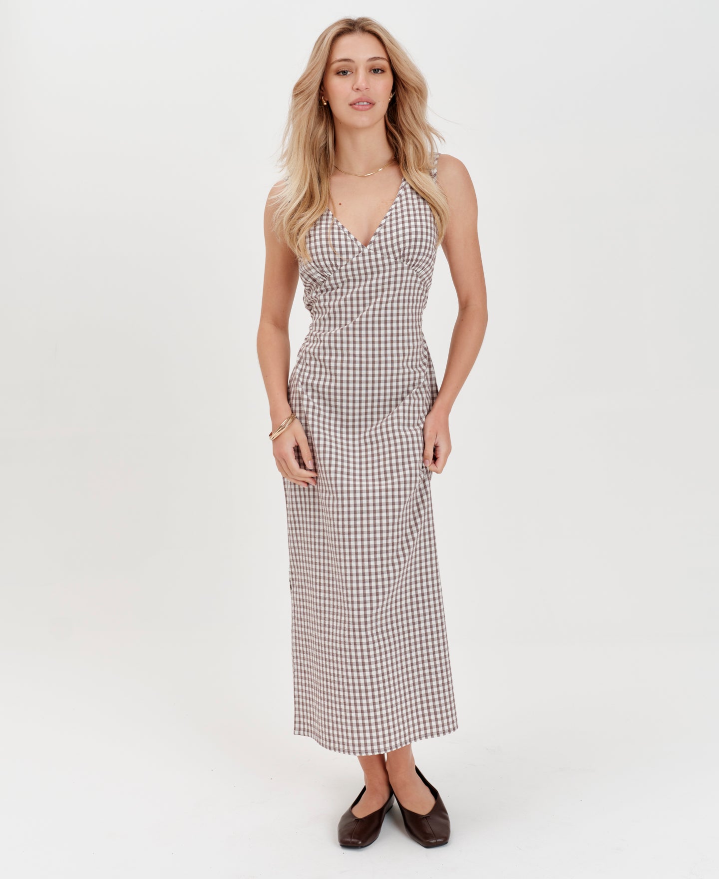 Women's V Neck Gingham Midi Dress